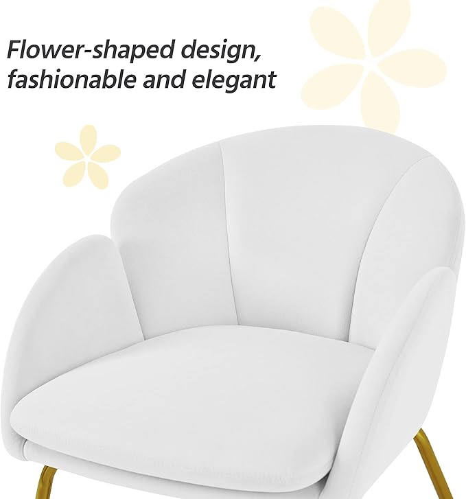 Yaheetech Velvet Living Room Chair Flower Shaped Armchair with Golden Legs Upholstered Side Chair for Vanity Room Living Room Kitchen Set of 2 White