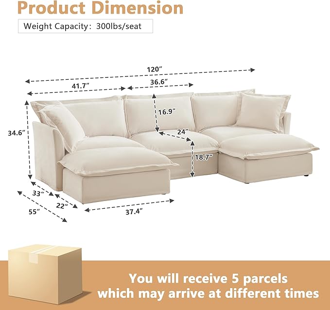 Aoowow Oversized Modular Sectional Sofa120” U-shaped Comfy 3-Seat Sofa Couch with 2 Movable Ottoman Upholstered Deep Seat Couches with Big Toss Pillows for Living Room Apartment OfficeCream-Chenille