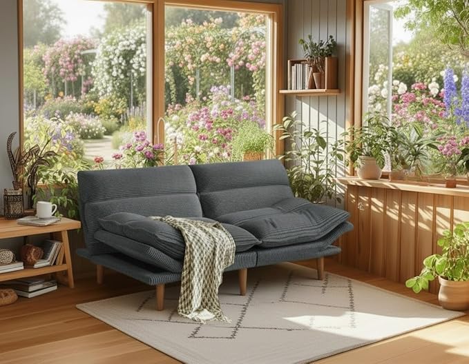 Amada Convertible Futon Sofa Bed - Corduroy Loveseat with Adjustable Backrest &amp Armrests Thickened Seat Cushion Small Space Sleeper Couch for Apartment Study Room &amp Office（Charcoal Gray66