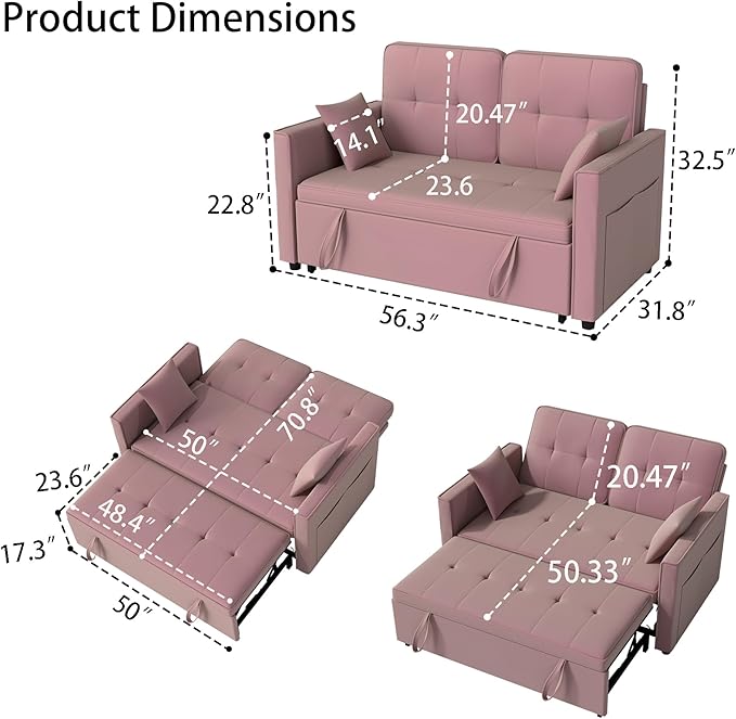 Pull Out Sofa Bed: 56 Pink 3 in 1 Convertible Sleeper Sofa Bed Velvet Loveseat Sleeper Couch with Storage Comfy Futon Couch Beds for Living Room | Velvet