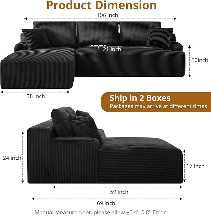 Sectional Cloud Boneless Couch 106 Modern Comfy L-Shape Corner No Assembly Required Convertible Compression Sleeper Modular Sofa with Corduroy Fabric Deep Seat Loveseat + Chaise for Living Room