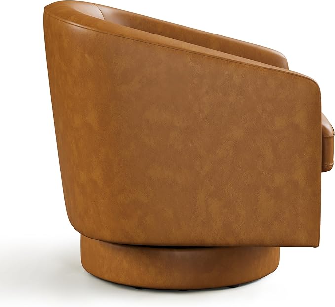 Swivel Barrel Accent Chair Round Faux Leather Living Room Arm Chairs Modern Upholstered Comfty Reading Nook Chairs for Bedroom Small Club Armchair Single Sofa Side Chair Brown