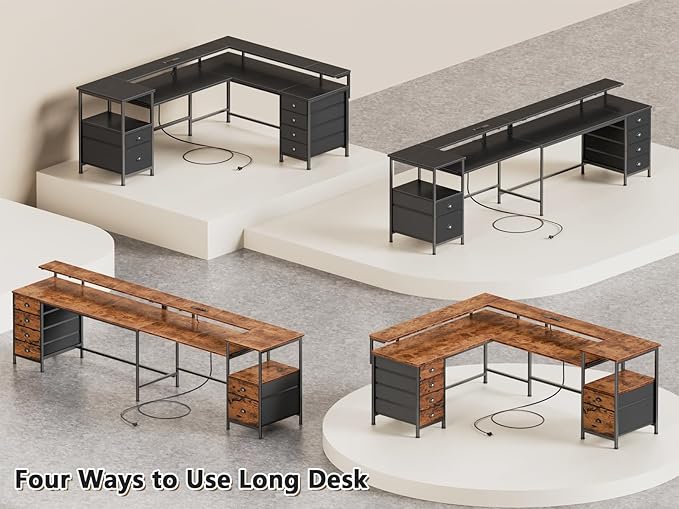 Furologee 95 Two Person Computer Gaming Desk Long 2 Person Home Office Desk with 6 Drawers &amp Storage Shelves Double Table with Power Outlets LED Lights and Full Monitor Shelf Black