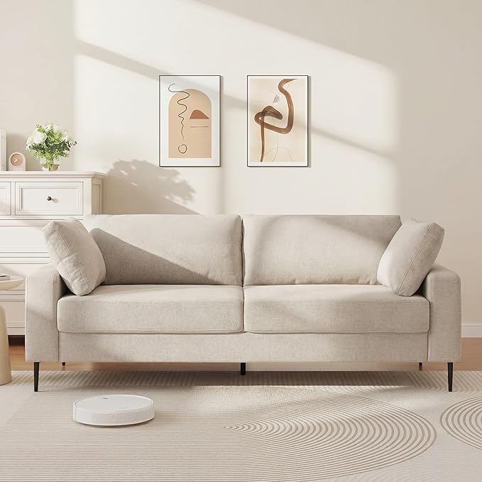 84.3 Modern Loveseat Sofa Comfy Couches with Spring Cushion Solid with Wood Frame 2 Pillows Included Mid Century Modern Design Home Sofa for Living Room Off White