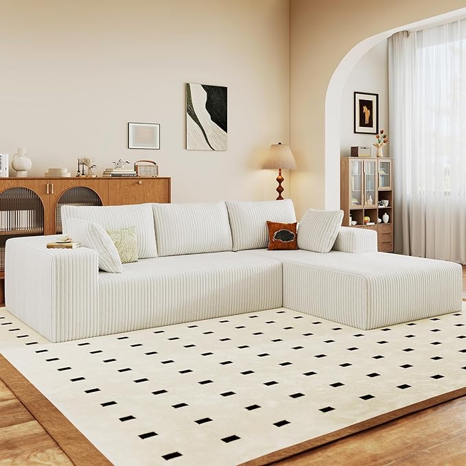 96 Cloud Sectional Couch with L-Shape Chaise Modern Corduroy Boneless Couch for Living RoomMemory Foam Sofa with Deep SeatNo Assembly Required (WhiteRight-Facing Chaise)