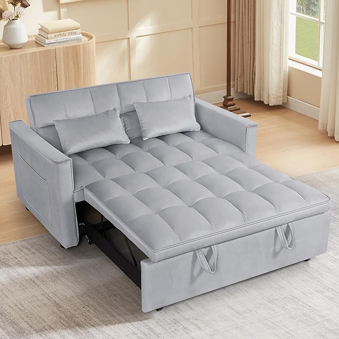 54 Convertible Sofa Bed Velvet Sleeper Sofa with Pull-Out Bed 3-in-1 Futon Couch with Reclining Backrest and Side Pocket Modern Loveseat for Living Room (Silver Grey)