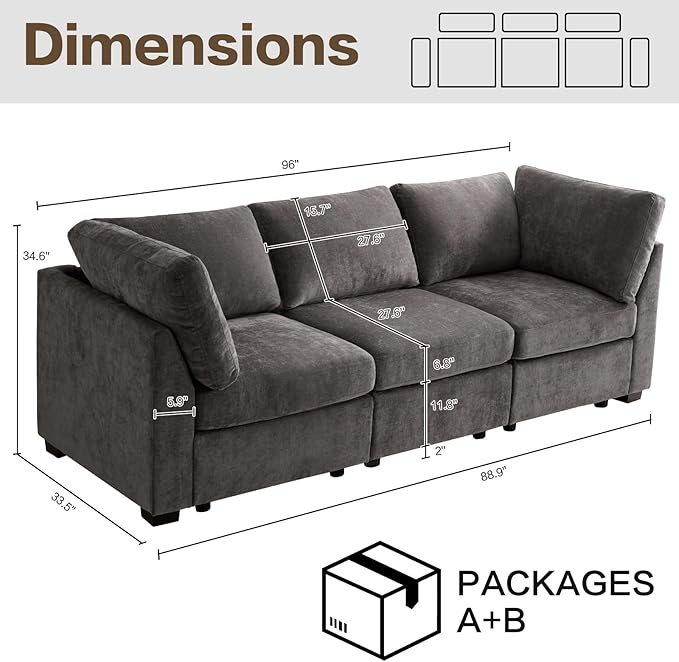 Modular Sectional Sofa 96 inches 3 Seater Modern Corduroy Sofa Set Upholstered Couches for Living Room Bedroom(Grey 3 Seater)