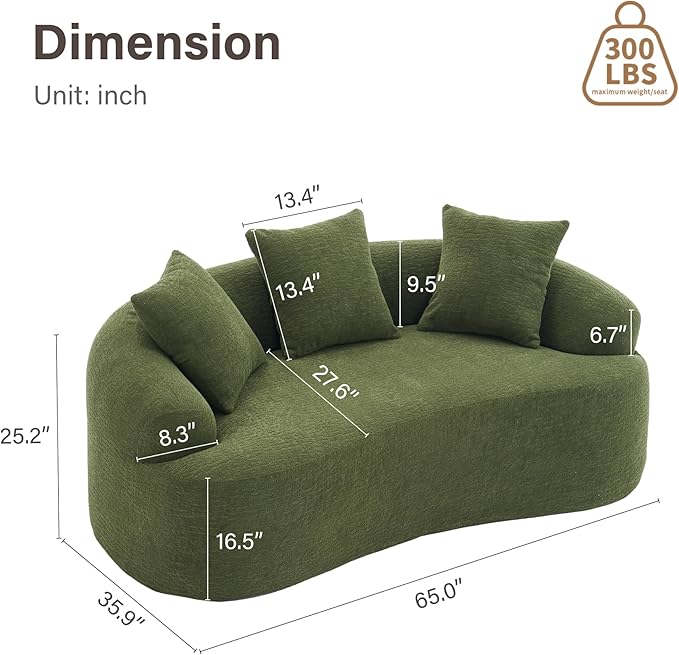 Loveseat Sectional Sofa for Living Room 65’’ Modern Luxury Plush Chenille Extra Deep Seat Curved Cloud Floor Couch with 3 Throw Pillows for Small Spaces No Assembly Needed Sage Green