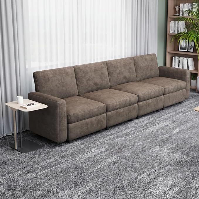 Modern Brown Modular Sofa with Deep Seating Soft Cushions Sectional Couch Available in Loveseat or Multi-Seat Options Minimalist Design for Office Living Room or Bedroom (4-Seater Sofa)