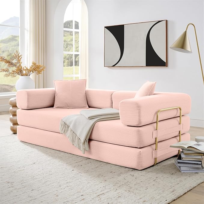 4-in-1 Folding Convertible Floor Sofa Bed 78 Oversized Compression Sofa No Assembly Required King Futon Lazy Couch Corduroy Loveseat Sleeper with Pull Out Bed Modular Futon Couch (Pink)