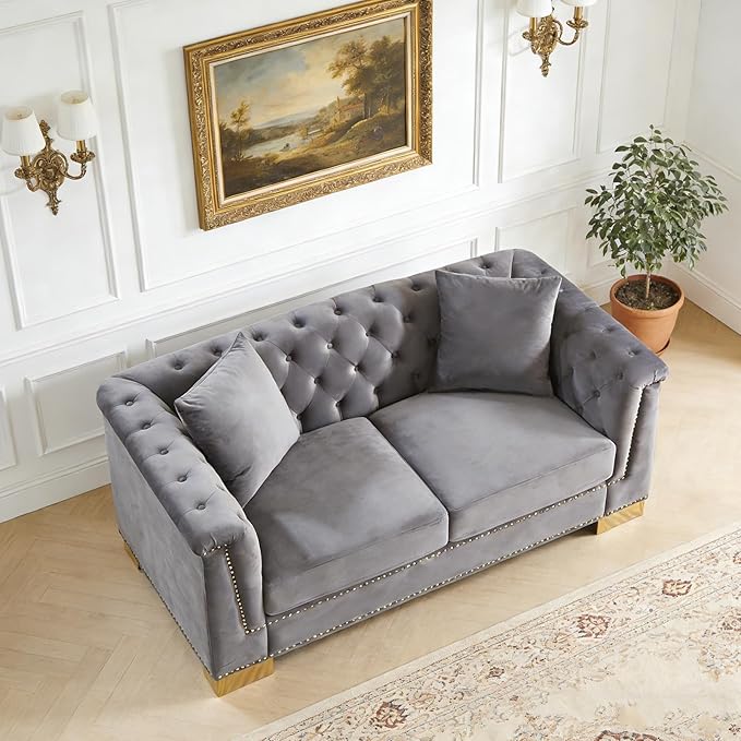 62 Chesterfield Loveseat 2 Seater Tufted Velvet Couch with Rolled Arms Mid Century Modern Love Seat with Nailhead Trim&ampRemovable Cushions&ampGold Legs Comfy Deep Seat Couches for Living Room