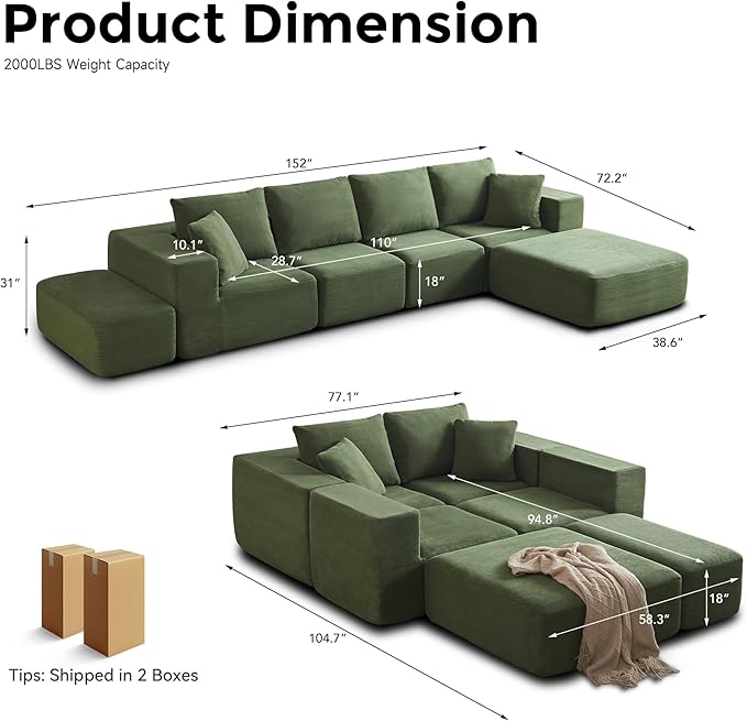 152'' Modular Sectional Sofa Oversized Corduroy Cloud Couch 6 Deep Seat Memory Foam Couch Green Sofa with 6 Pillows Boneless Couches for Living Room Office No Assembly Required