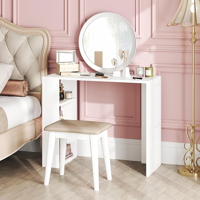 Giantex Small Computer Desk 36 Inch Compact Home Office Desk with Storage Open Shelves &amp Anti-Tipping Kit Makeup Vanity Table Student Teen Study Writing Desk for Small Space White