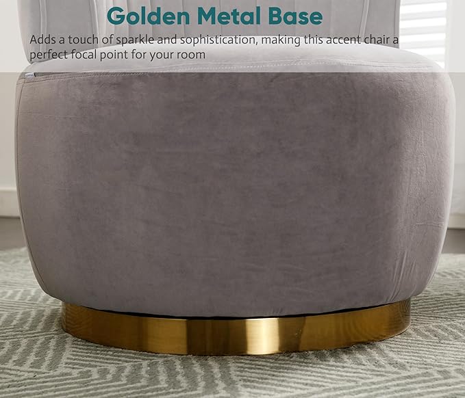 JOYBASE Swivel Accent Chair Round Swivel Barrel Chair with Golden Metal Base Cozy Comfy Lounge Chair Circle Club Chair Armchair Modern Sofa Chair for Living Room Bedroom (Grey Velvet)
