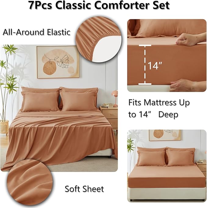 CozyLux Queen Comforter Set Pumpkin - Bed in a Bag Queen Size 7 Pieces Luxury Soft Bed Set for All Seasons Bedding Set with Down Alternative Comforter Sheets Pillowcases &amp Shams
