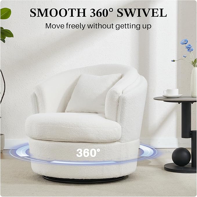 Swivel Accent Chair 360 Degree Round Swivel Barrel Chair with Pillow Widened Upholstered Boucle Chair Comfy Sherpa Barrel Armchair for Living Room Bedroom Reading Room White