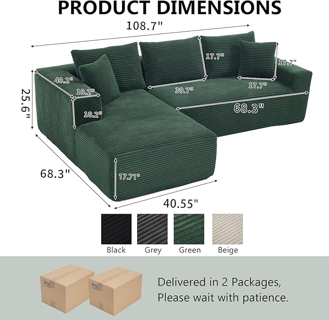 PELUMY 108.7 L-Shaped Cloud Couch with Memory Foam Corduroy Modular Sectional Sofa with Oversized Chaise No Assembly Required Sleeper Sofa for Living Room Apartment (Green Left-Facing)