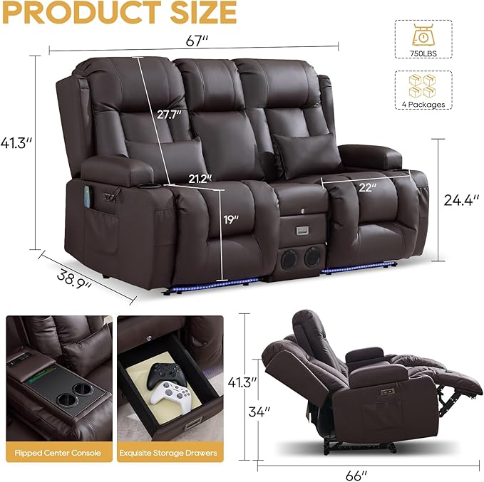 IPKIG Power Loveseat Recliner Sofa with Flip-Up Backrest Console Drawer AC Outlet LED Light Wall Hugger Recliners for Living Room RV Home Theater (Chestnut Console with Music LED)