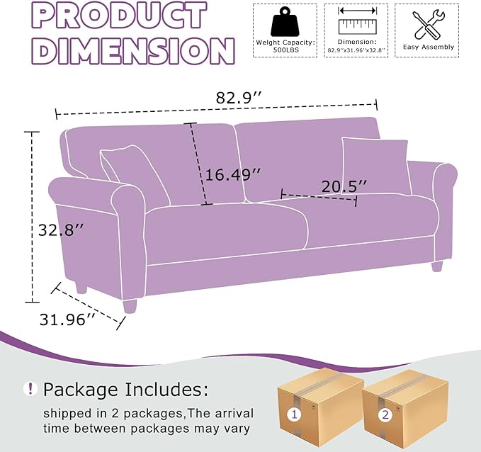 82.48 Velvet Upholstered Sofa Couch3 Seater Couch Loveseat Sofa Furniture Comfy Couches for Living Room Bedroom Small Space(Purple)