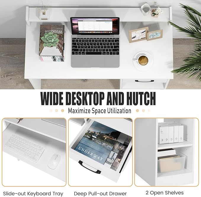 Computer Desk with Hutch &amp Keyboard Tray Home Office Workstation with Drawer Adjustable Shelves Modern Vanity Table for Bedroom Wooden Writing Study Laptop PC Desk (White)