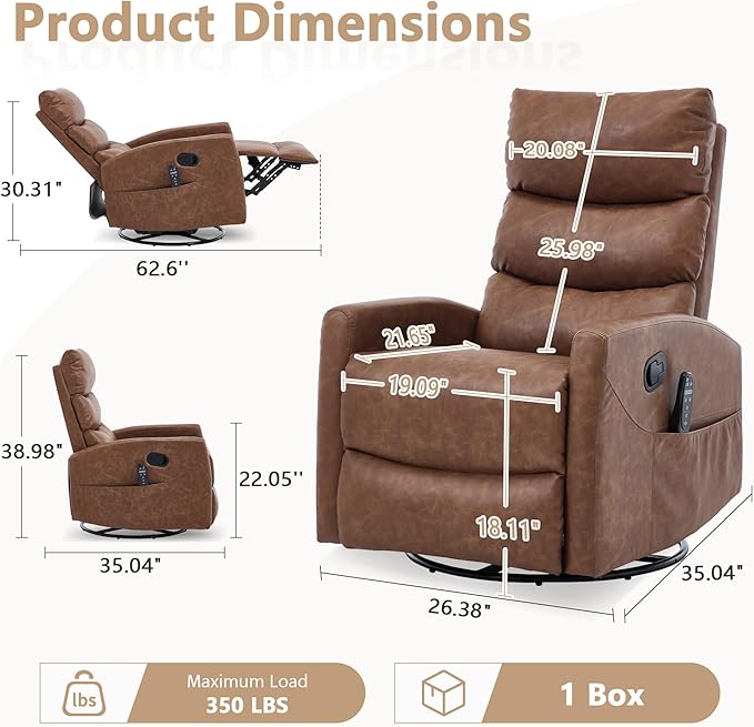 cinkehome Swivel Rocker Recliner Chair Upholstered Nursery Glider Recliner Chair with Heated Massage High Back Side Pocket (Light Brown PU Leather)