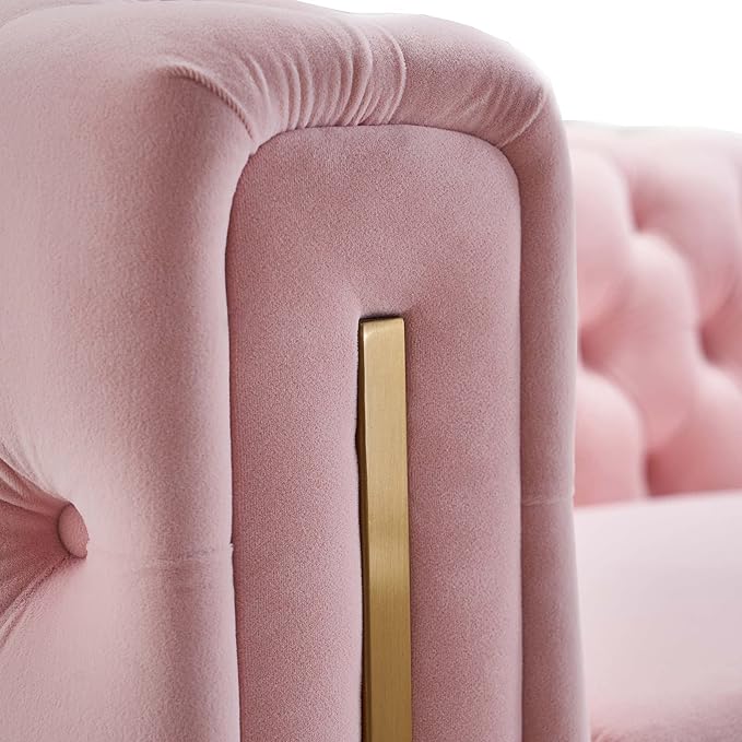 Dolonm Modern Velvet Sofa for Living Room 84 Inches Long Tufted Couch Upholstered Sofa with 2 Pillows High Arm and Metal Legs Decor Furniture for Bedroom Office (Pink)