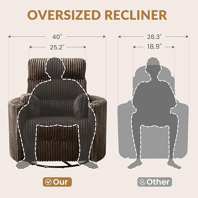 GRAINELL Oversize Power Swivel Recliner 40in Wide Electric Glider Rocking Chair with Headrest Adjustment USB Port 270° Swivel Rock 30°– for Living Room Nursery Golden Brown(57' to 61' Height)