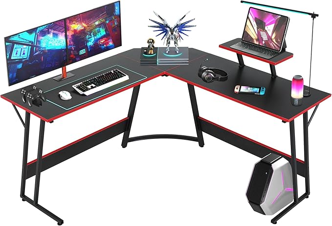 L Shaped Gaming Desk Modern Computer Desk Home Office Desks with Large Monitor Riser Stand Sturdy PC Desk for Bedroom Minimalist Black 50Inch