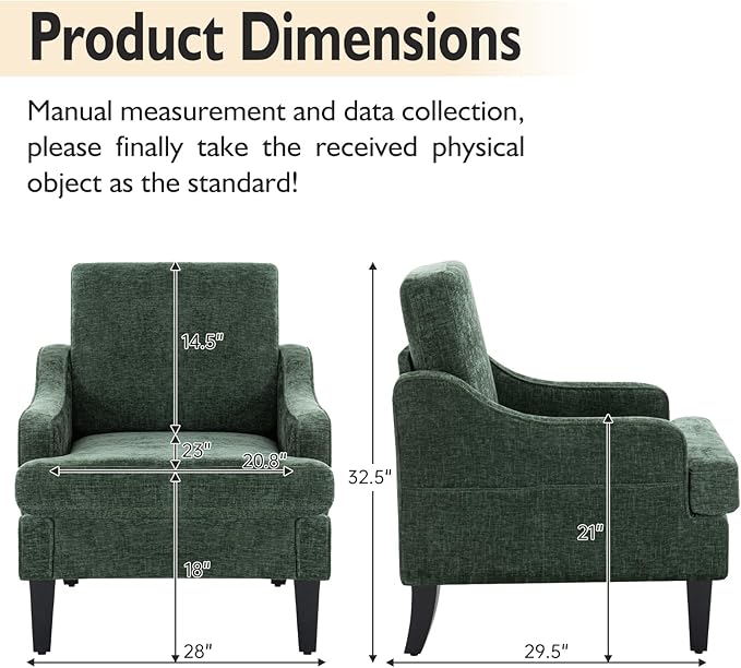 Accent Chair for Living Room Upholstered Living Room Chair with Side Pockets Comfy Accent Chairs for Bedroom Mid Century Modern Armchair for Office Apartment Waiting Room Club (Green)