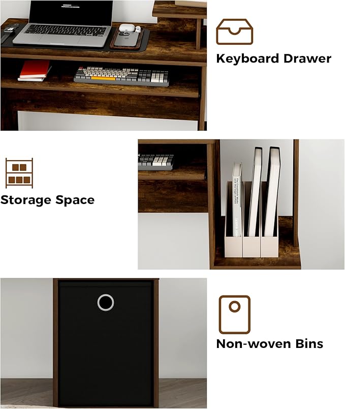 Small Computer Desk with Drawers Wood Writing Desk with Storage Shelves for Home Office Bedroom Living Room Walnut/Black