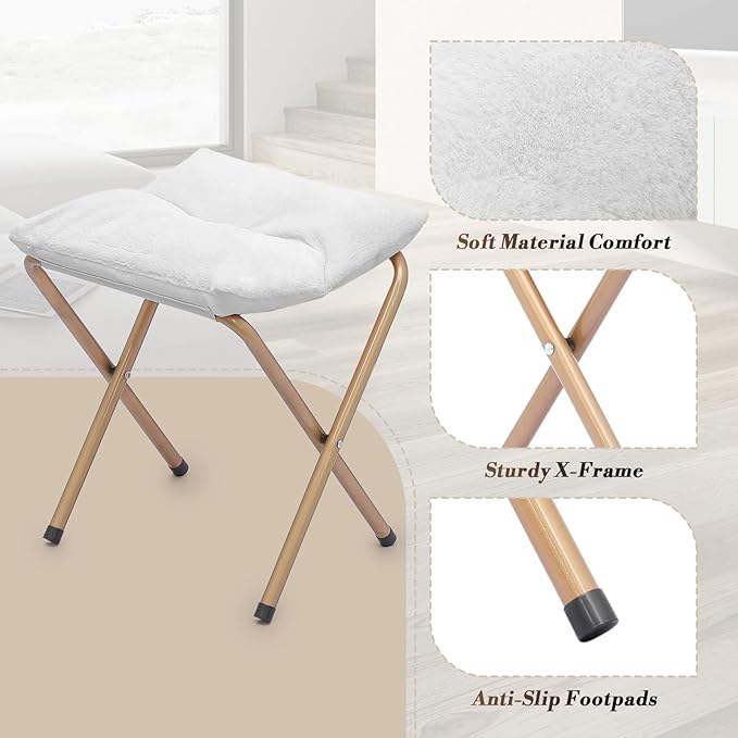Athena Collection Comfy Saucer Chair and Ottoman Set of 2 for Adult Comfortable Faux Fur Square Oversize Folding Reading Chair with Metal Leg Lazy and Cozy for Bedroom Living Room White
