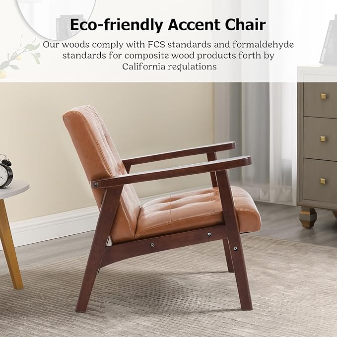 Accent Chair Mid Century Modern Chair for Living Room Comfy Faux Leather Armchair with Solid Wood Frame Soft Thick Padded Side Chairs Easy Assembly Set of 2 Brown