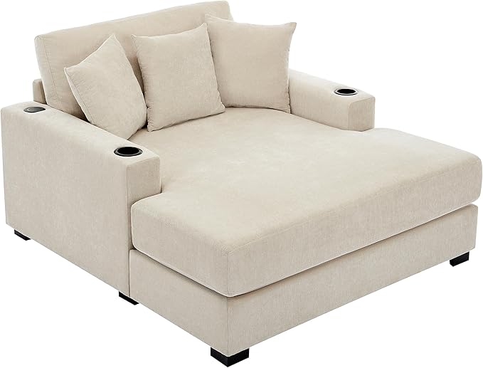 Oversized Chenille Fabric Chaise Lounge Chair Indoor 55 Oversized Chaise Lounger Modern Style Sofa Couch with Pillows Charge Station &amp Cup Holders for Living Room Office (Cream 55)