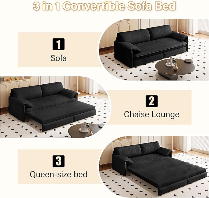 Cilee 66 Folding Sofa Bed 3-in-1 Convertible Loveseat Sleeper Sofa Pull Out Futon Sofa Bed Comfy Floor Couch with Storage Pocket Love Seats Furniture for Living Room Velvet Black