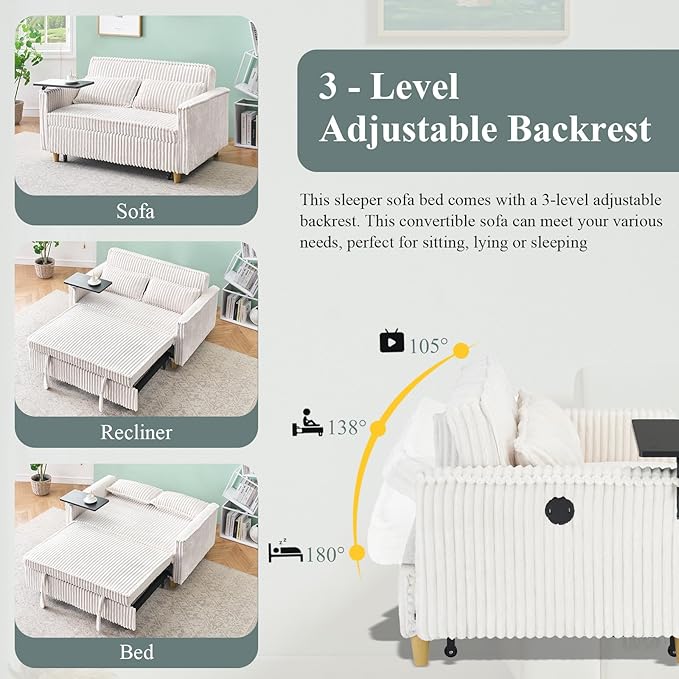 54W Convertible Sleeper Sofa Bed3-In-1 Corduroy Pull Out Couch BedFuton Loveseat Sleeper Couch with Adjustable Backrest &amp USB Ports &amp Side TableRecliner for Office/Living Room/Small Space(