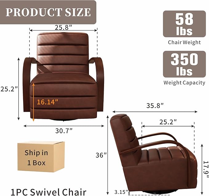 Chifee &amp Vingol 360° Swivel Accent Chair 30.3 W PU Leather Swivel Living Room Chair with Solid Wood Armrests Mid Century Modern Reading ChairBrown