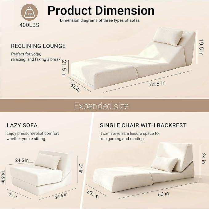 Folding Sofa Bed Chair 3 in 1 Convertible Sleeper Chair Bed w/Pillow Handle Floor Sofa Lounge w/Back Support &amp Removable Washable Cover for Living Room Bedroom Apartment (White) | Washable Cov