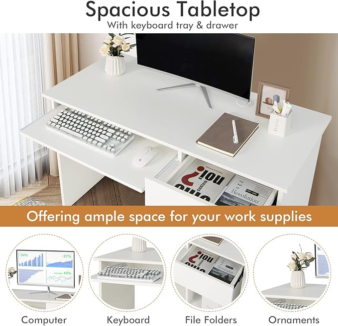White Computer Desk with Drawers Modern Office Desk with Keyboard Tray and Open Storage Shelf Work Desk for Home Office Small Computer Desk for Small Spaces…