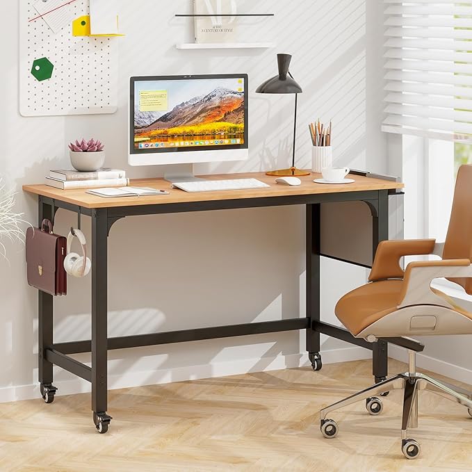 Tangkula 48” Mobile Computer Desk with Storage Bag &amp 2 Hanging Hooks Rolling Home Office Writing Study Desk Rolling PC Workstation with Lockable Universal Casters for Study Room Bedroom