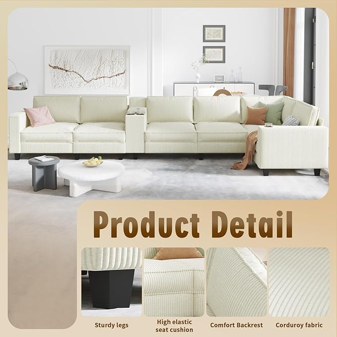 KEIKI 133 L-Shaped Oversized Corduroy Modular Sectional Sofa with Multi Functional Console Convertible 6-Seater Upholstered Couch with USB and 2 Cup Holder Easy Assembly for Living Room Beige