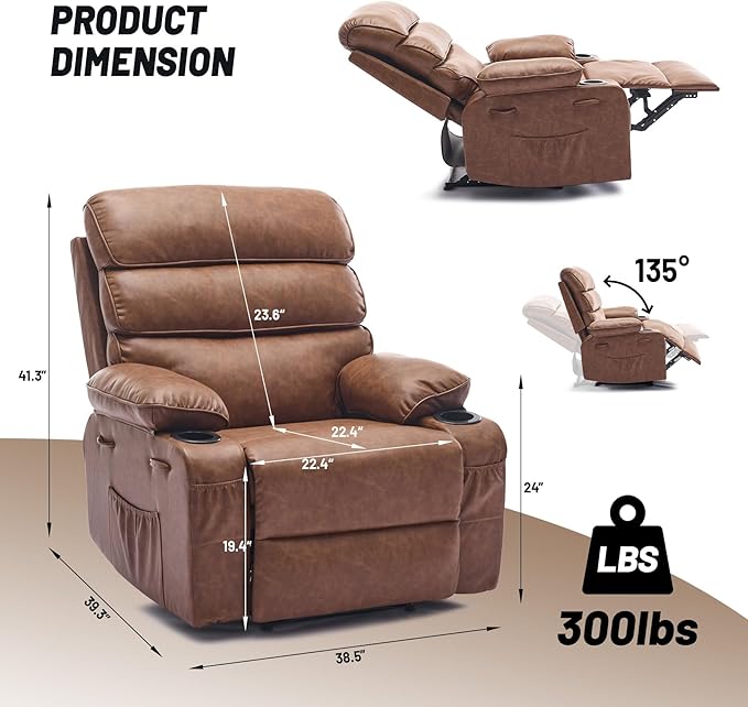 PU Leather Recliner Chair with Heat &amp 8-Point Massage Extra Wide Manual Recliner for Adults q235 Steel Frame Side Pockets 1.5X Comfort Arm &amp Back Lazy Boy Sofa for Living Room or Bedroom