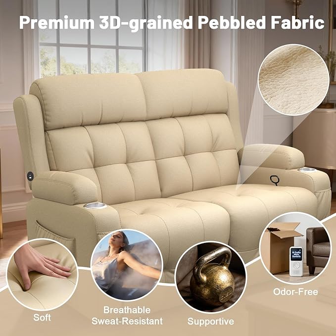 Reclining Loveseat Wall-Hugger Loveseat Recliner Design with USB/Type C Charging &amp Storage &amp Cupholder Pebble-Weave Fabric Recliner Sofa Couch for Living Room Home Theater &amp RV Use