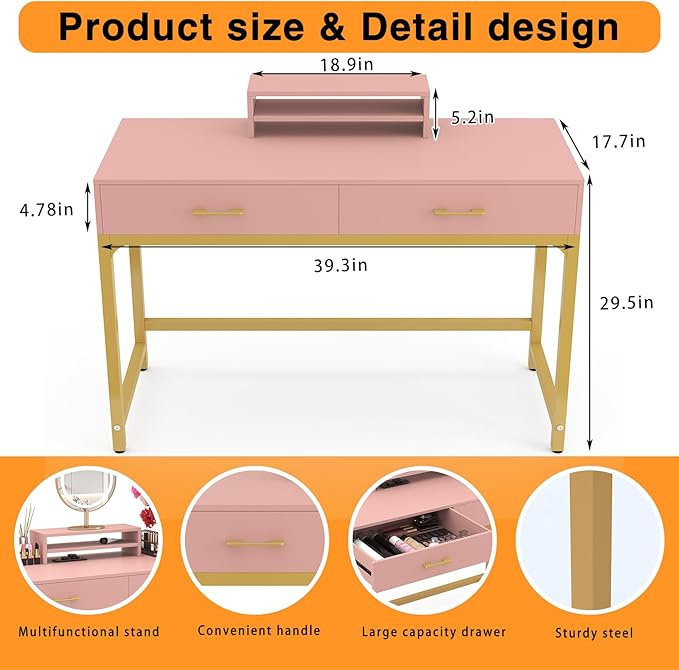 WESTREE Women Makeup Vanity Desk with 2 Drawers - Bedroom Home Office Desk Wooden Height Monitor Stand &amp Storage Shelf Without Mirror Pink Table Great Gift for Her