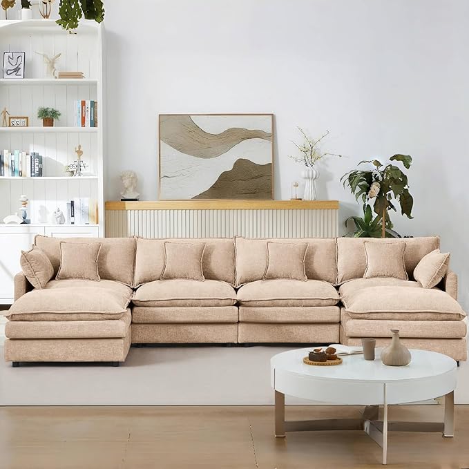 130 Modular Sectional Sofa with Movable Ottoman Convertible L Shaped Chenille Cloud Couch Oversize Comfy 4-Seater Deep Seat Sofa Couches for Living Room Apartment (Coffee 130)