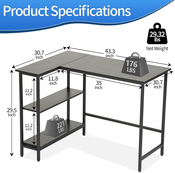 43Inch Corner Computer Desk Gaming Desk with Reversible Storage Shelves Left/RightSmall L Shaped Desk with 2-Tier Shelves &amp Adjustable Feet Pad for Home Office Gaming (43 Inch)