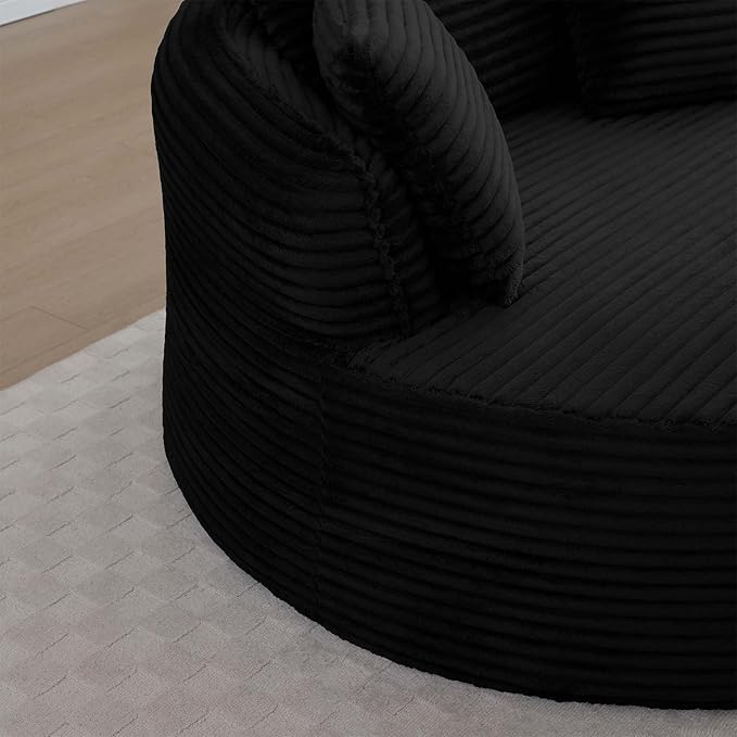 Antetek 53-inch Round Chaise Lounge Chair Indoor Modern Cloud Single Corduroy Couch with 3 Pillows Boneless Compressed Memory Foam Sofa Chair for Living Room Bedroom Apartment Black