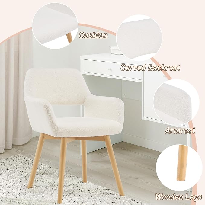 Desk Chair No Wheels Vanity Chair Makeup Chair Comfy Accent Chair for Living Dining Room Bedroom Home Office Mid Century Modern Upholstered Armchair Sofa with Wood Legs (Wool White 1)