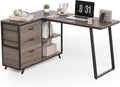 LITTLE TREE L-Shaped Desk with 3-Tier Drawer Cabinet 53 Reversible Corner Desk with Wooden Storage Shelves Farmhouse Computer Desk for Home Office Modern Writing Workstation for Bedroom Grey
