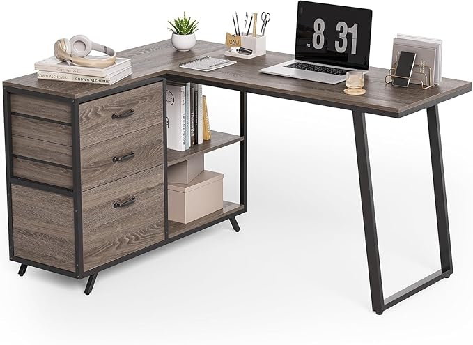 LITTLE TREE L-Shaped Desk with 3-Tier Drawer Cabinet 53 Reversible Corner Desk with Wooden Storage Shelves Farmhouse Computer Desk for Home Office Modern Writing Workstation for Bedroom Grey