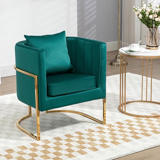 Velvet Modern Accent Chairs Set of 2 Upholstered Barrel Armchair Mid Century with Pillow for Living Room Comfy Single Vanity Chair with Metal Gold Legs for Bedroom Green